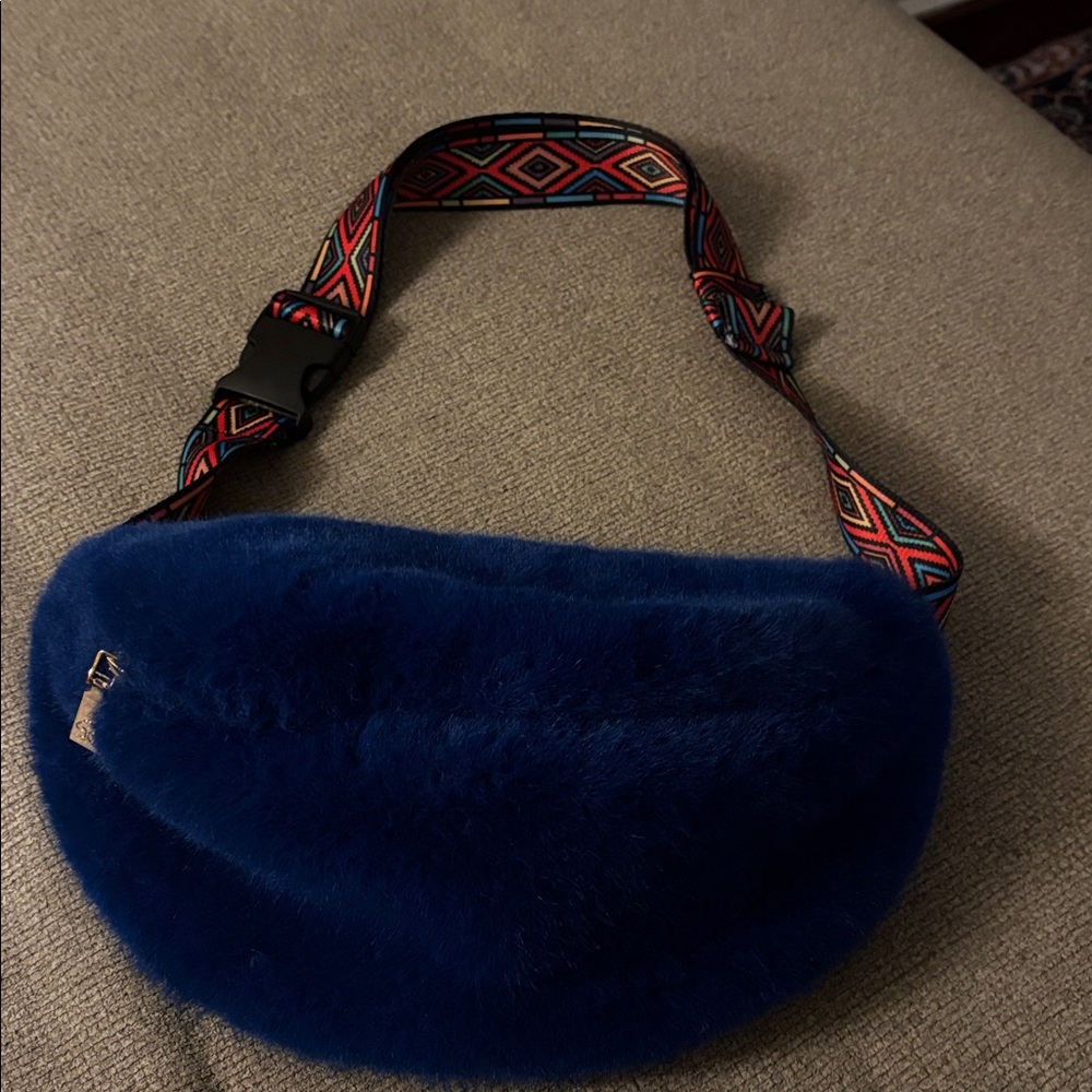 Jayley Collection Blue Faux Fur Belt Bag Crossbody